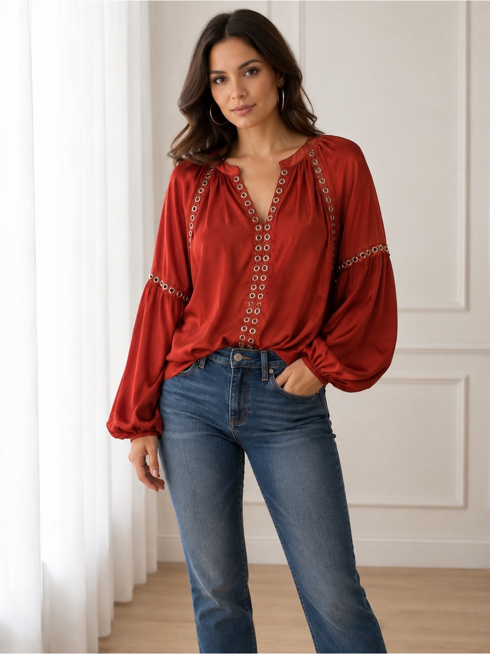 INC International Concepts Rust Red Eyelet-Paneled Peasant Blouse - XXL NWT